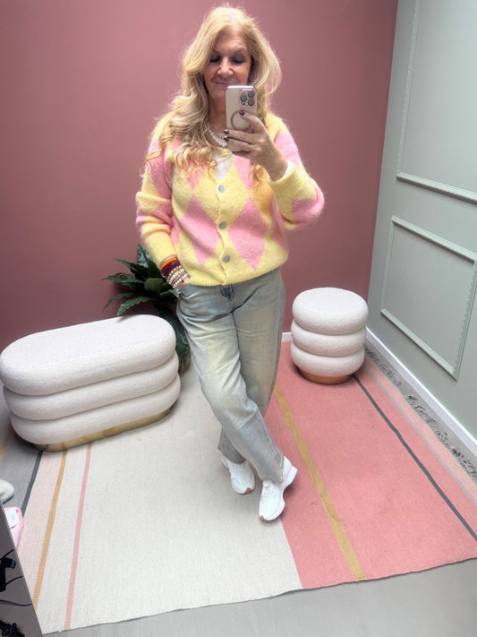 CASUAL RAUTENJACKE STRICK GELB/ROSA