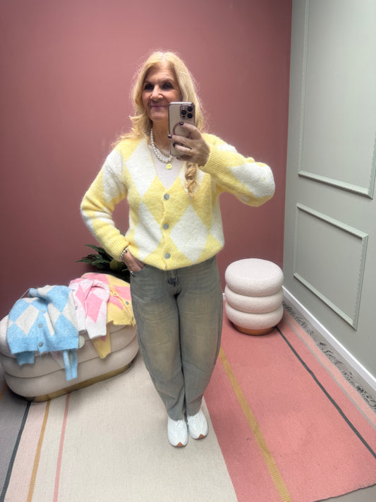 CASUAL RAUTENJACKE STRICK GELB/WEIß