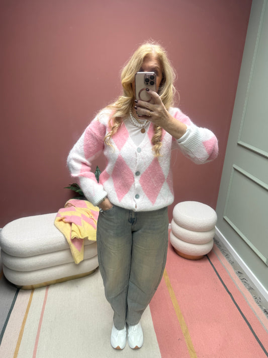 CASUAL RAUTENJACKE STRICK ROSA/WEIß