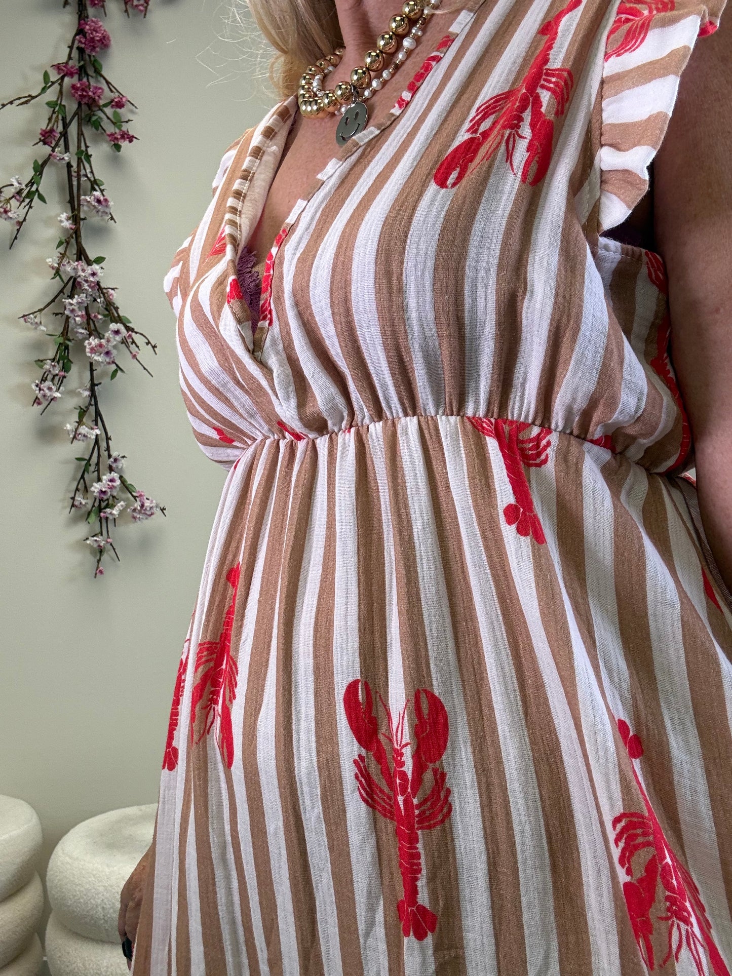 MUSSELIN KLEID STREIFEN MIT HUMMER BEIGE/ROT