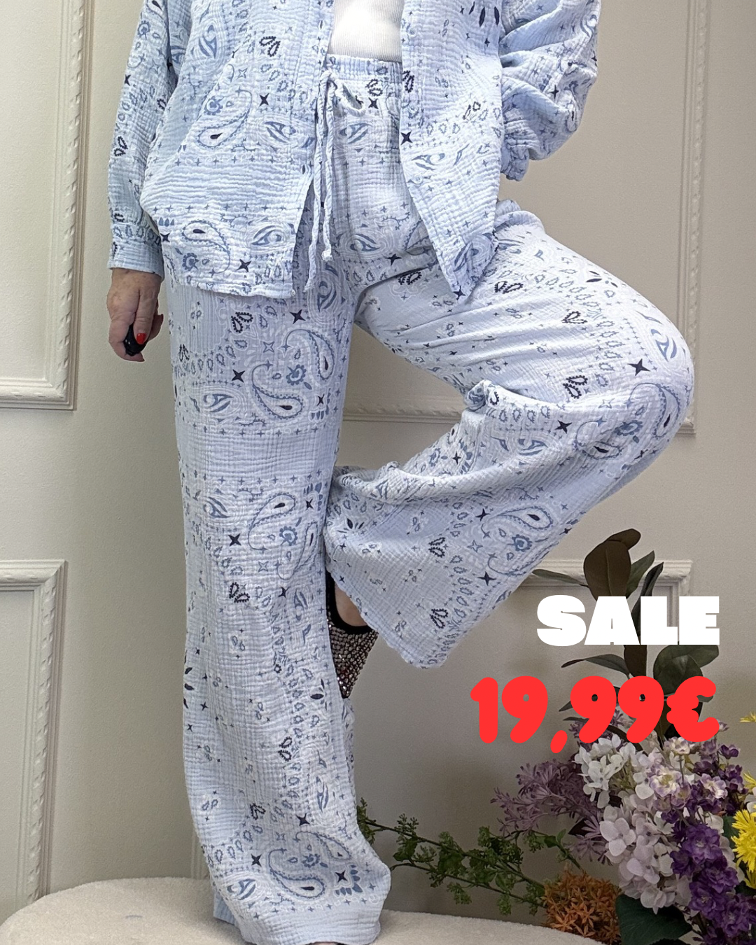 MUSSELIN HOSE PAISLEY HELLBLAU