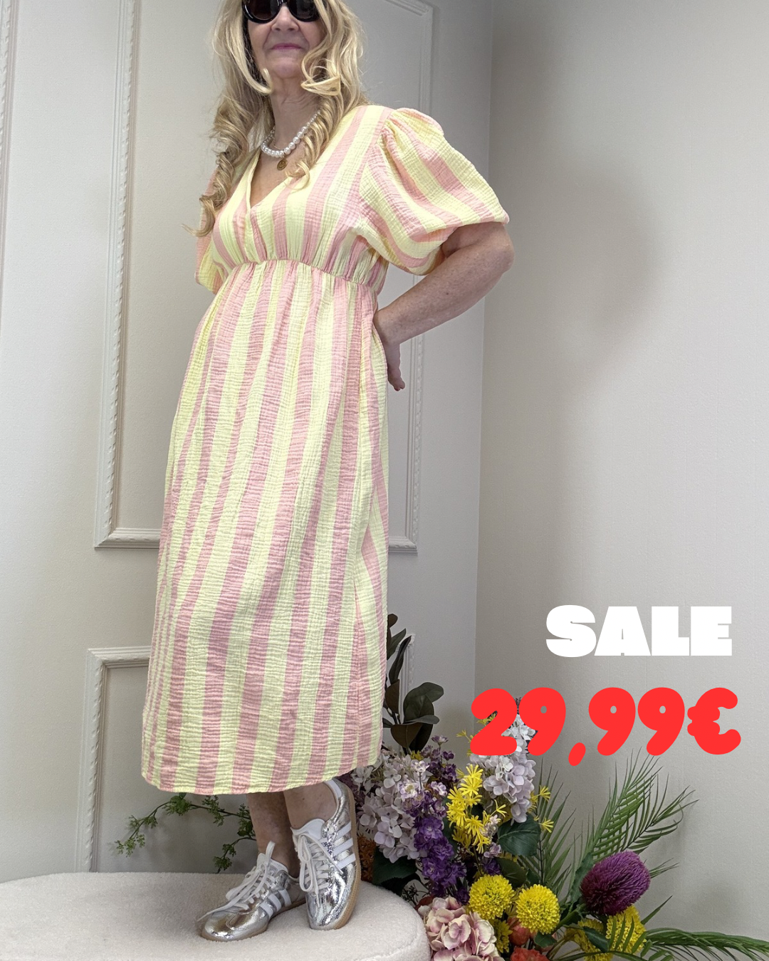 MUSSELIN KLEID LANG GELB/APRICOT GESTREIFT