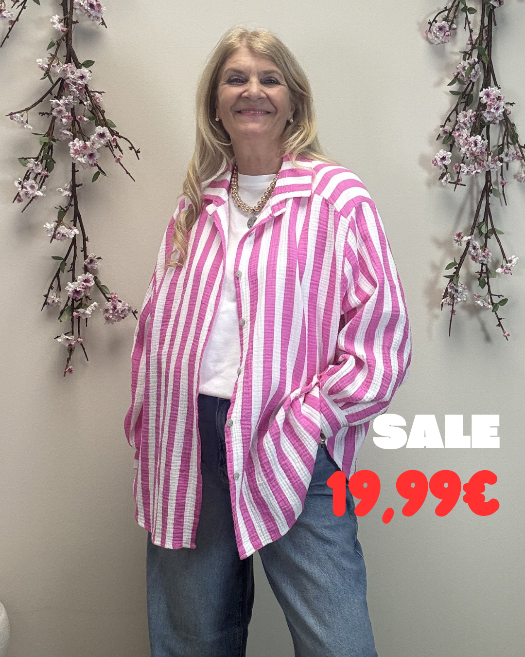 MUSSELIN BLUSE BREITER STREIFEN PINK/WEISS