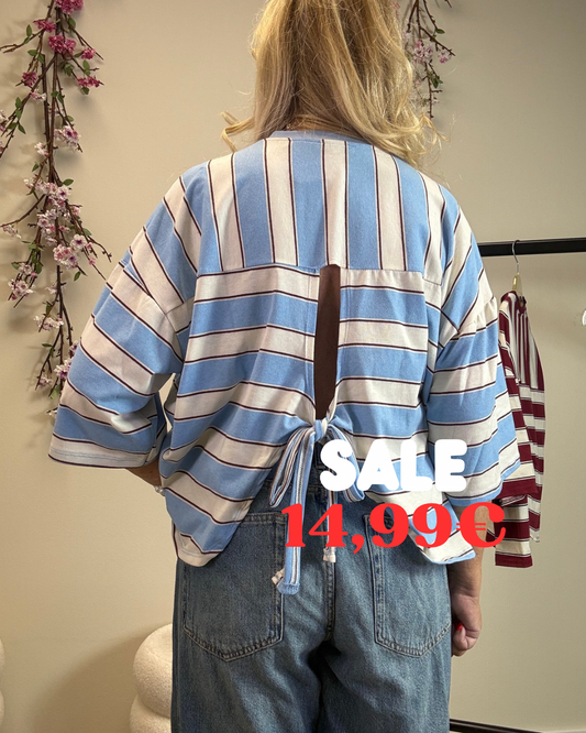 STREIFEN T-SHIRT MIT SCHLEIFE AM RÜCKEN HELLBLAU-ECRU-BRAUN