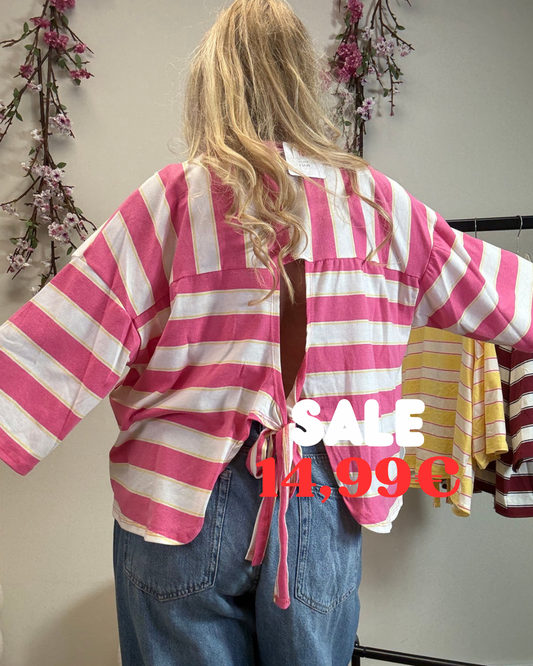 STREIFEN T-SHIRT MIT SCHLEIFE AM RÜCKEN PINK-ECRU-GELB