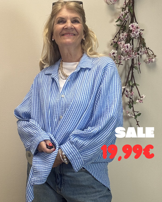 MUSSELIN BLUSE SCHMALER STREIFEN HELLBLAU/BLAU