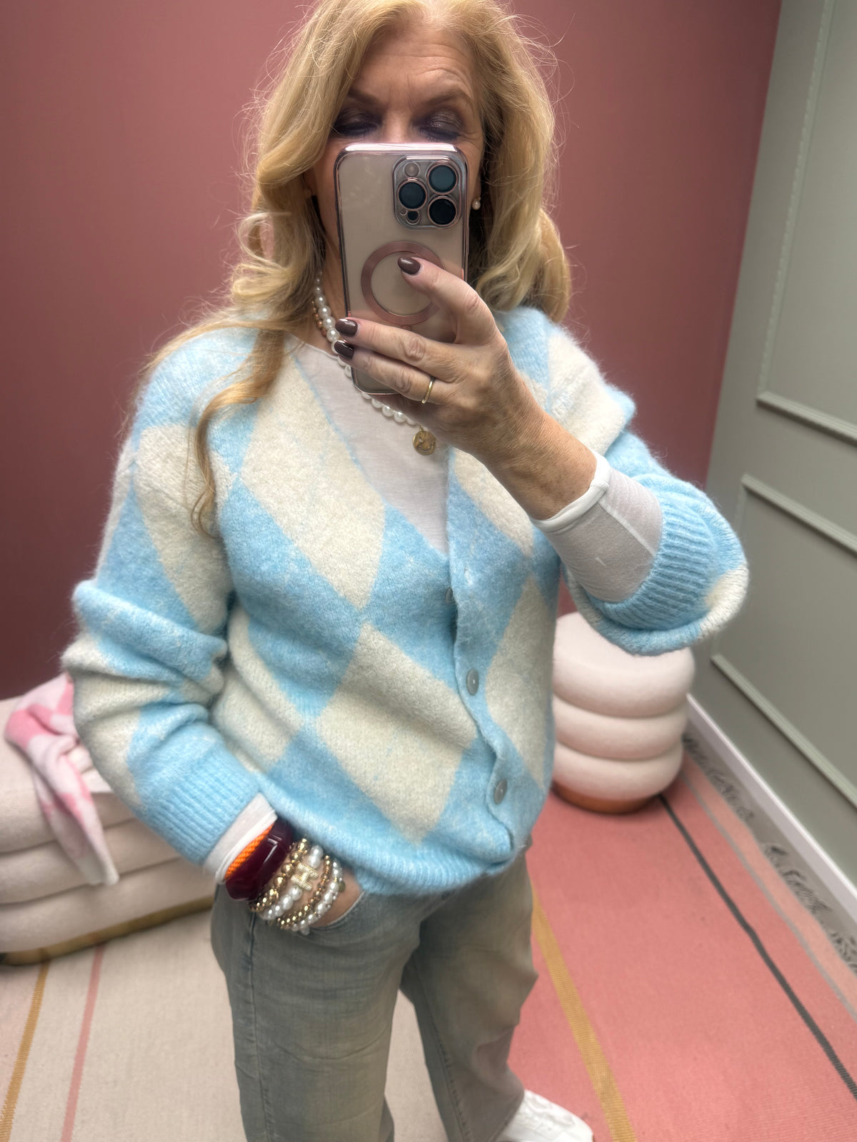 CASUAL  RAUTENJACKE STRICK HELLBLAU/CREME
