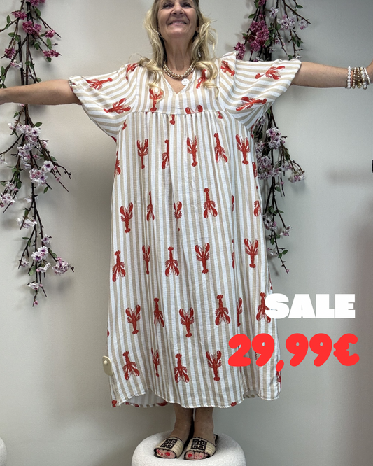 OVERSIZED MUSSELINKLEID MIT HUMMER BEIGE /ROT