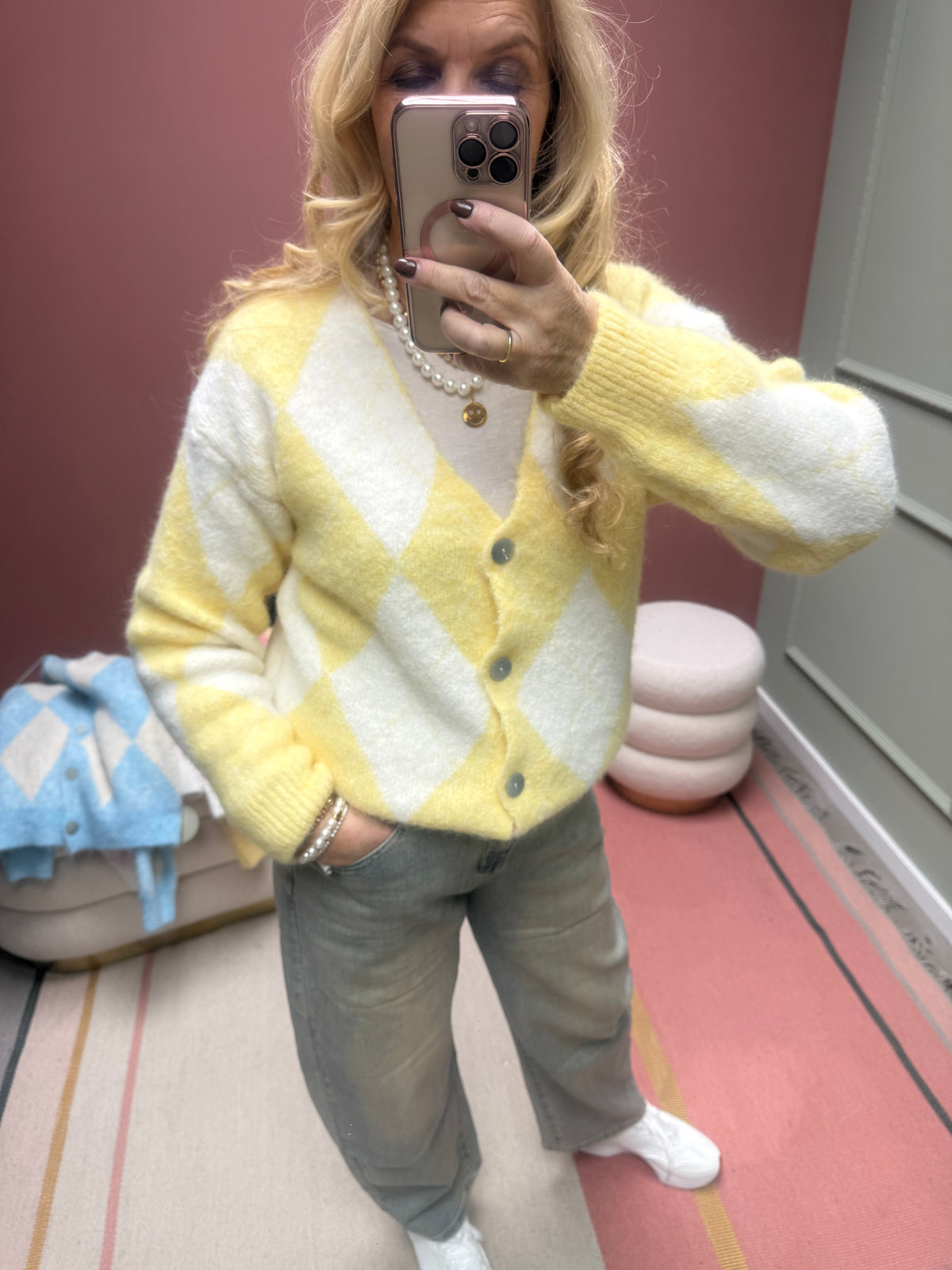 CASUAL  RAUTENJACKE STRICK GELB/WEIß