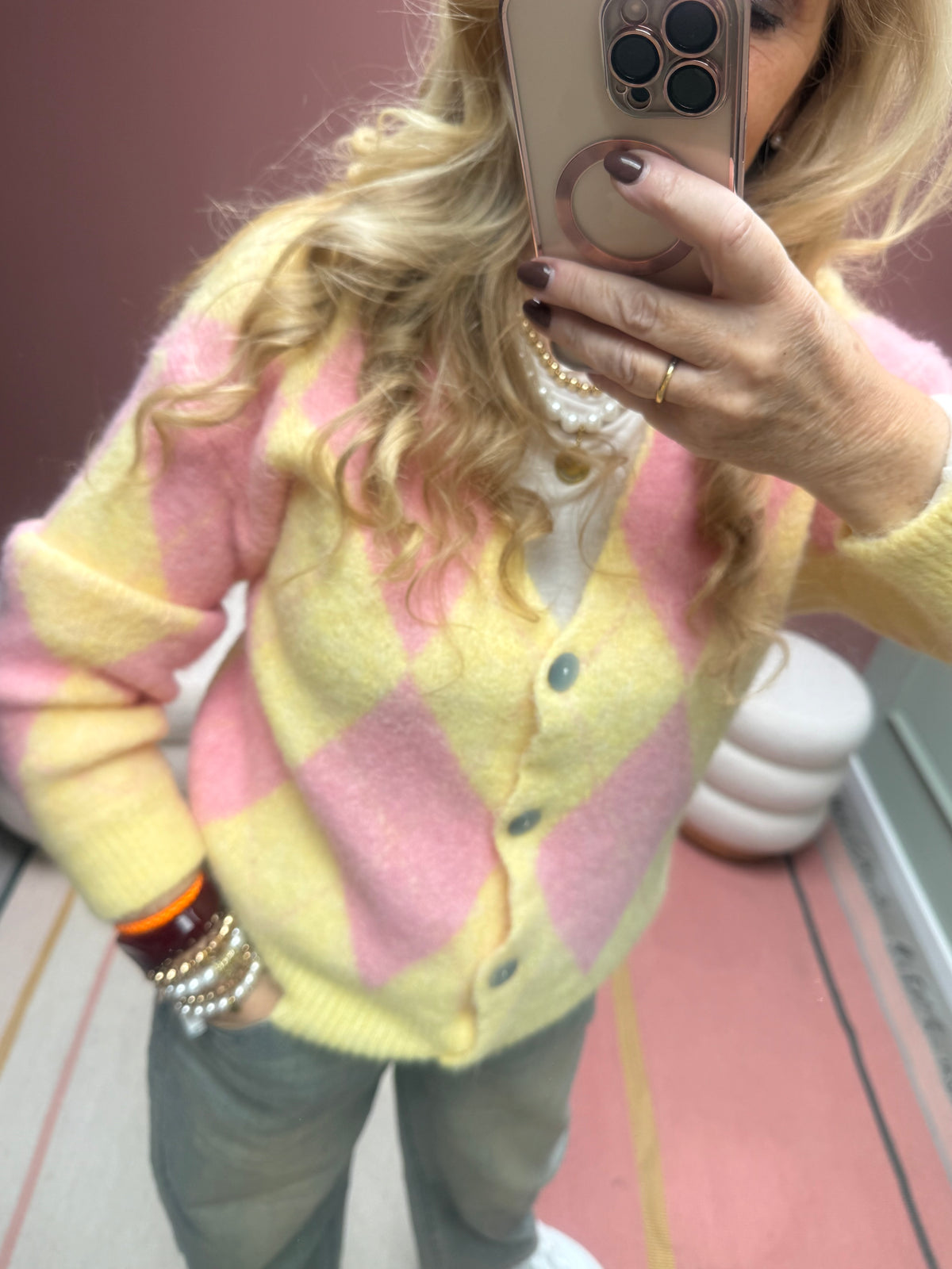 CASUAL  RAUTENJACKE STRICK GELB/ROSA