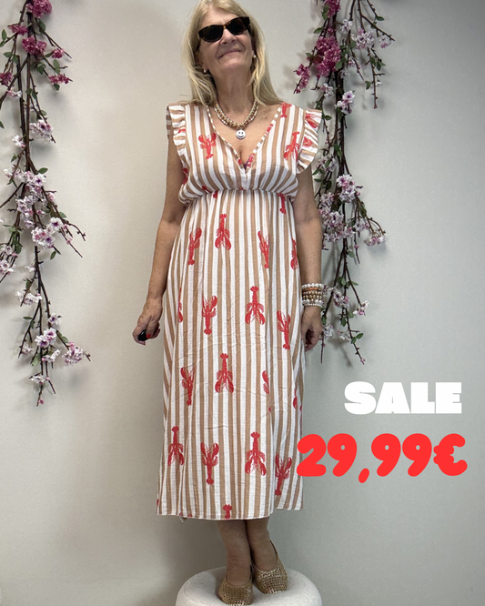 MUSSELIN KLEID STREIFEN MIT HUMMER BEIGE/ROT