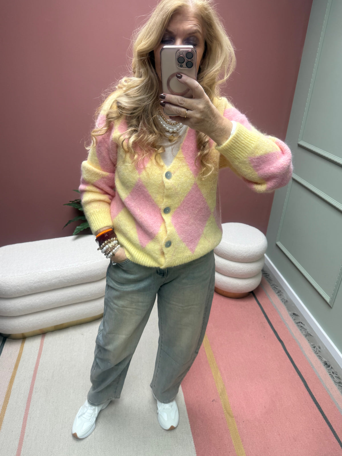 CASUAL  RAUTENJACKE STRICK GELB/ROSA