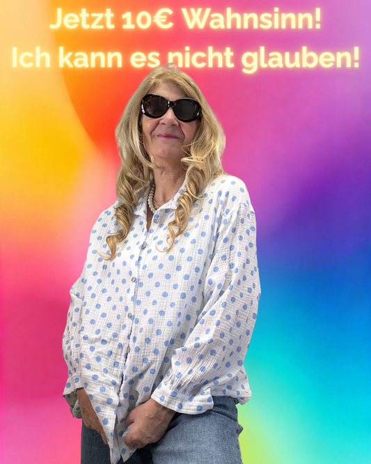 MUSSELIN BLUSE OVERSIZED TUPFEN HELLBLAU