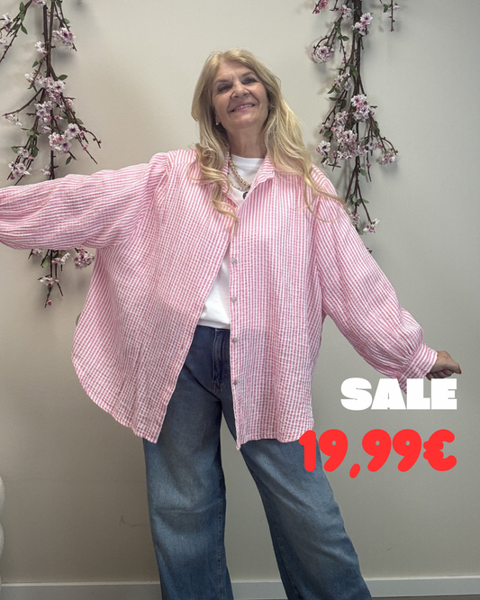 MUSSELIN BLUSE SCHMALER STREIFEN ROSA/WEISS