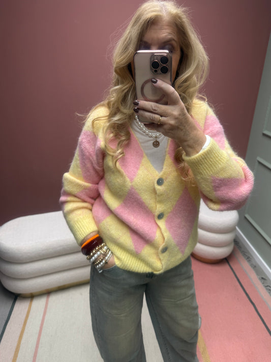 CASUAL  RAUTENJACKE STRICK ROSA/GELB