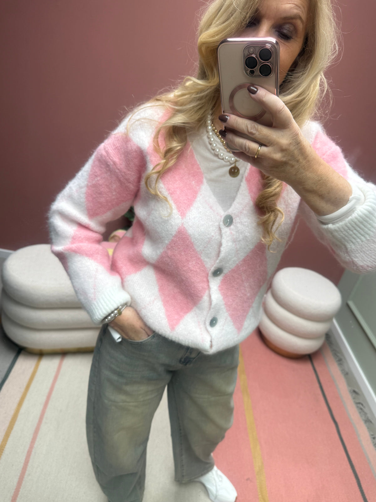 CASUAL  RAUTENJACKE STRICK ROSA/WEIß