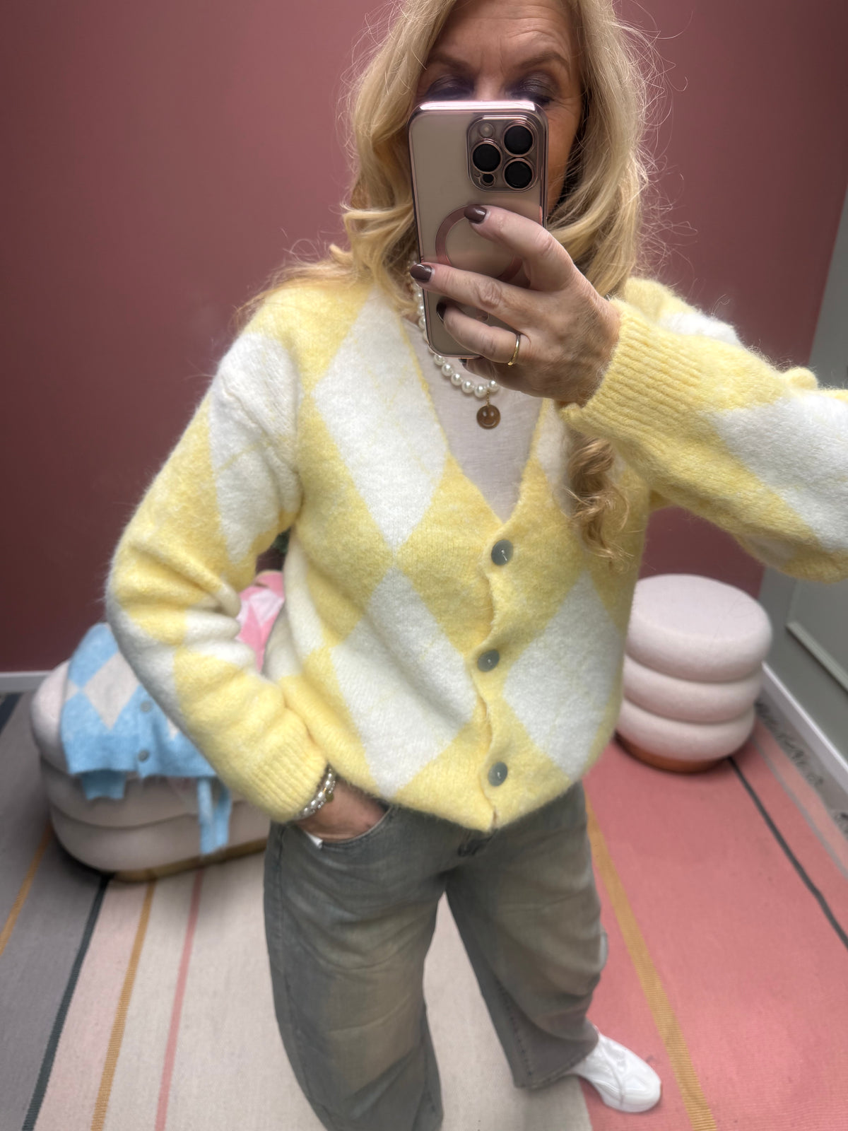 CASUAL  RAUTENJACKE STRICK GELB/WEIß