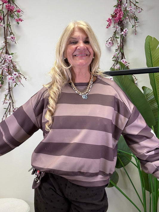 BUTTERSTOFF SWEATER MIT PATCH AM ÄRMEL BIG STRIPES MOKKA/KAFFEE