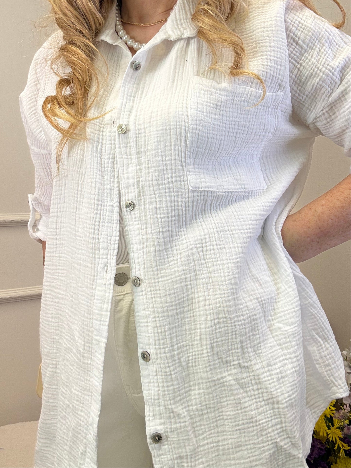MUSSELIN BLUSE OVERSIZE WEISS