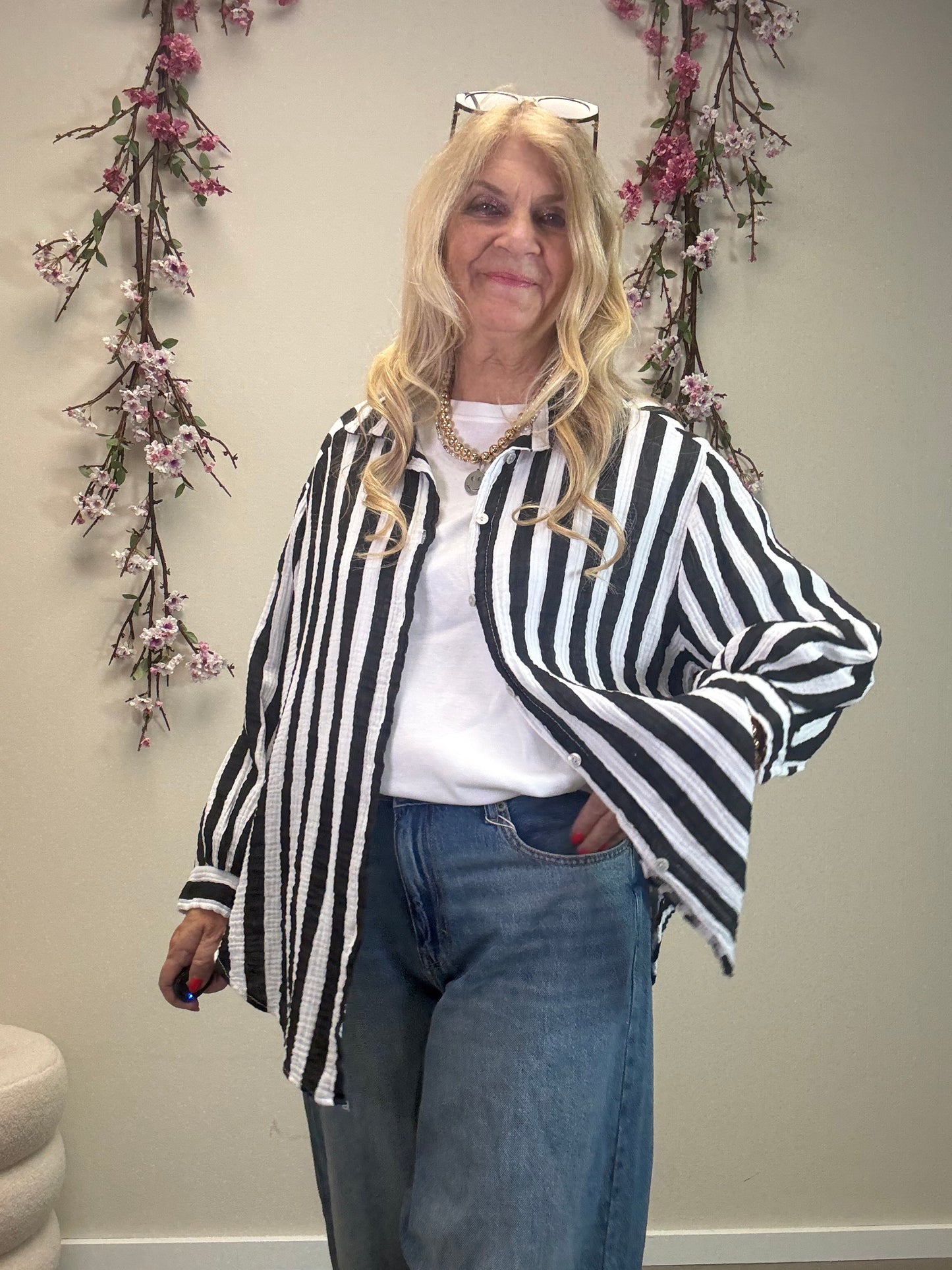 MUSSELIN BLUSE BREITER STREIFEN SCHWARZ/WEISS