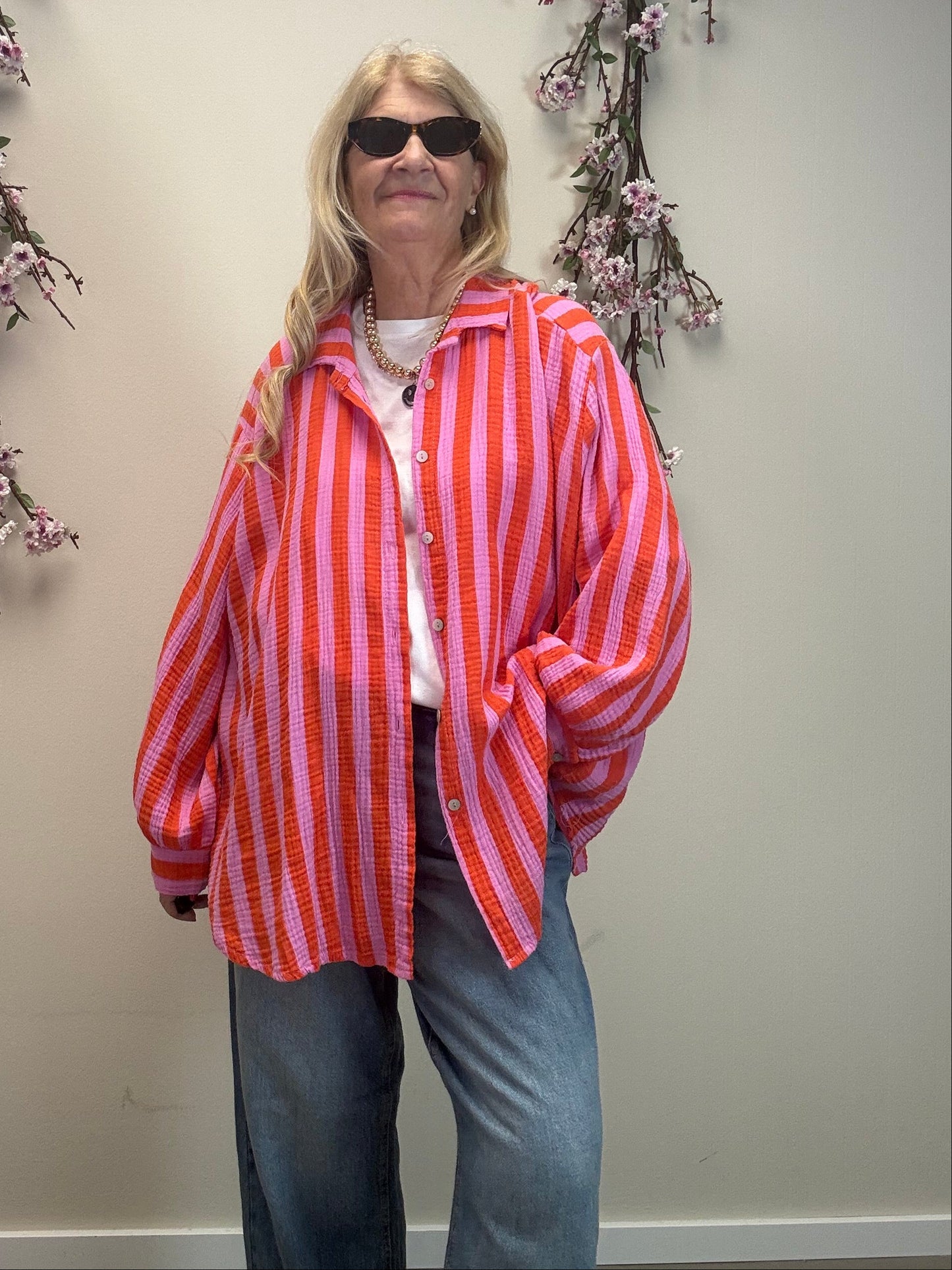 MUSSELIN BLUSE BREITER STREIFEN ORANGE / PINK