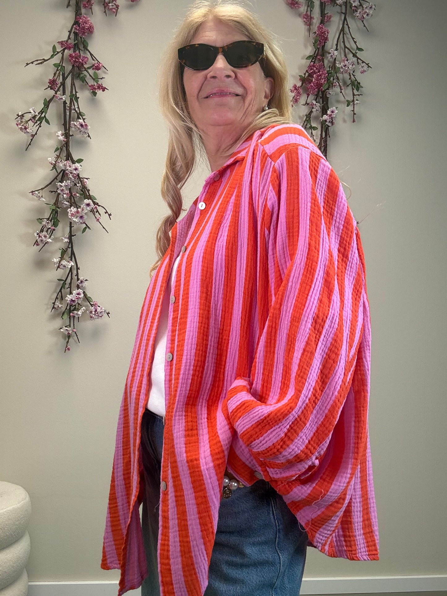 MUSSELIN BLUSE BREITER STREIFEN ORANGE / PINK