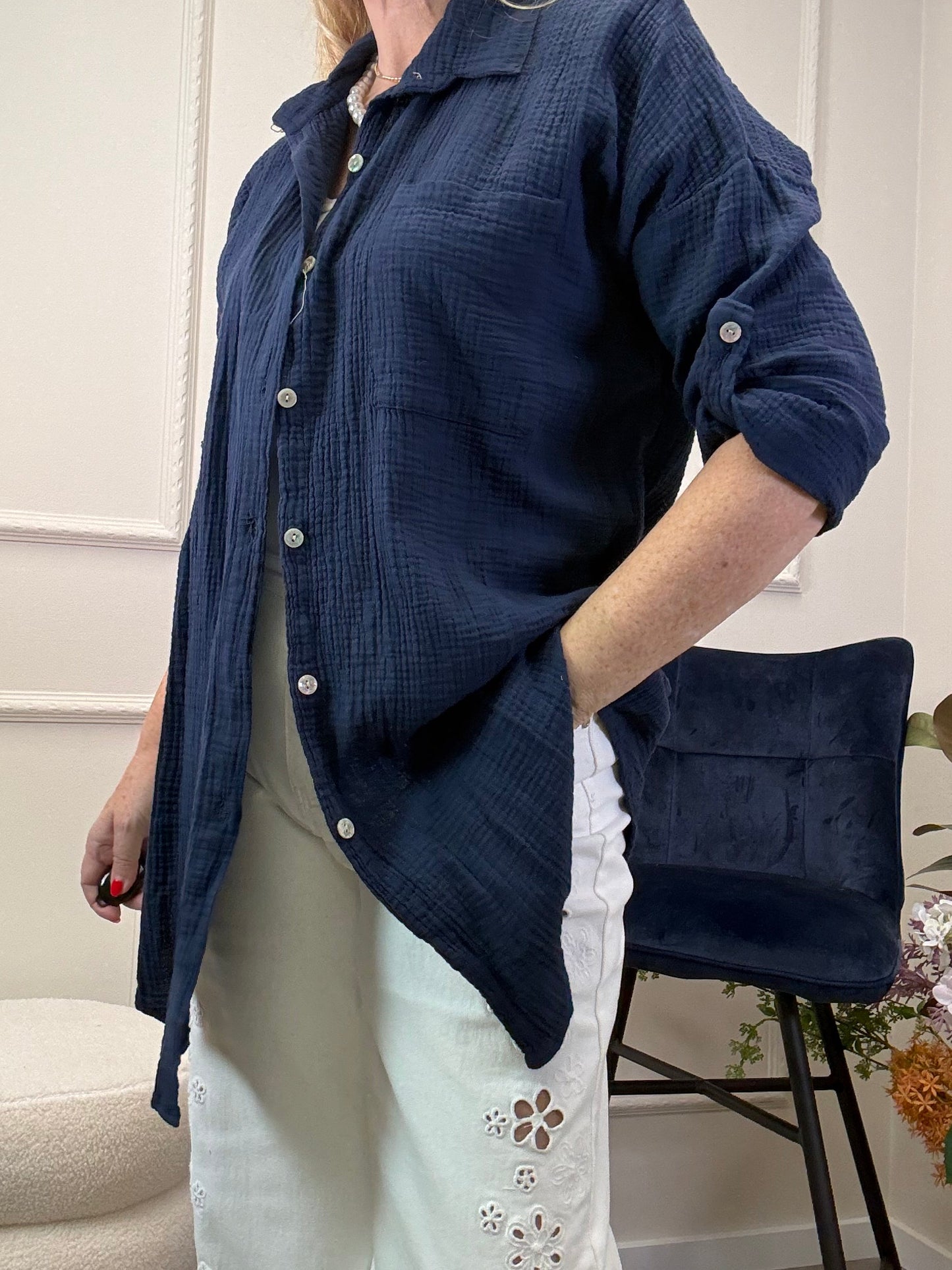 MUSSELIN BLUSE OVERSIZE MARINE
