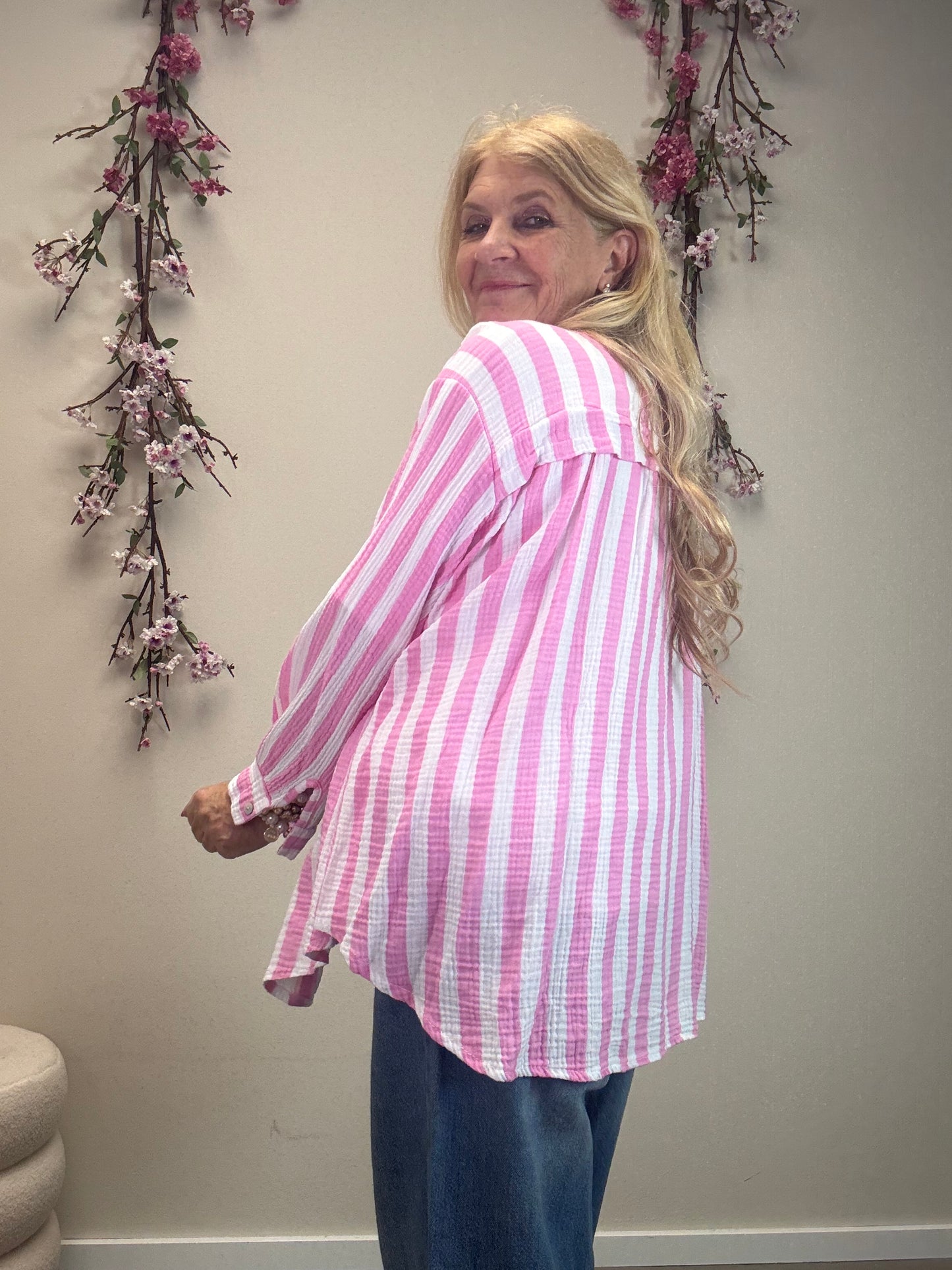 MUSSELIN BLUSE BREITER STREIFEN ROSA/WEISS