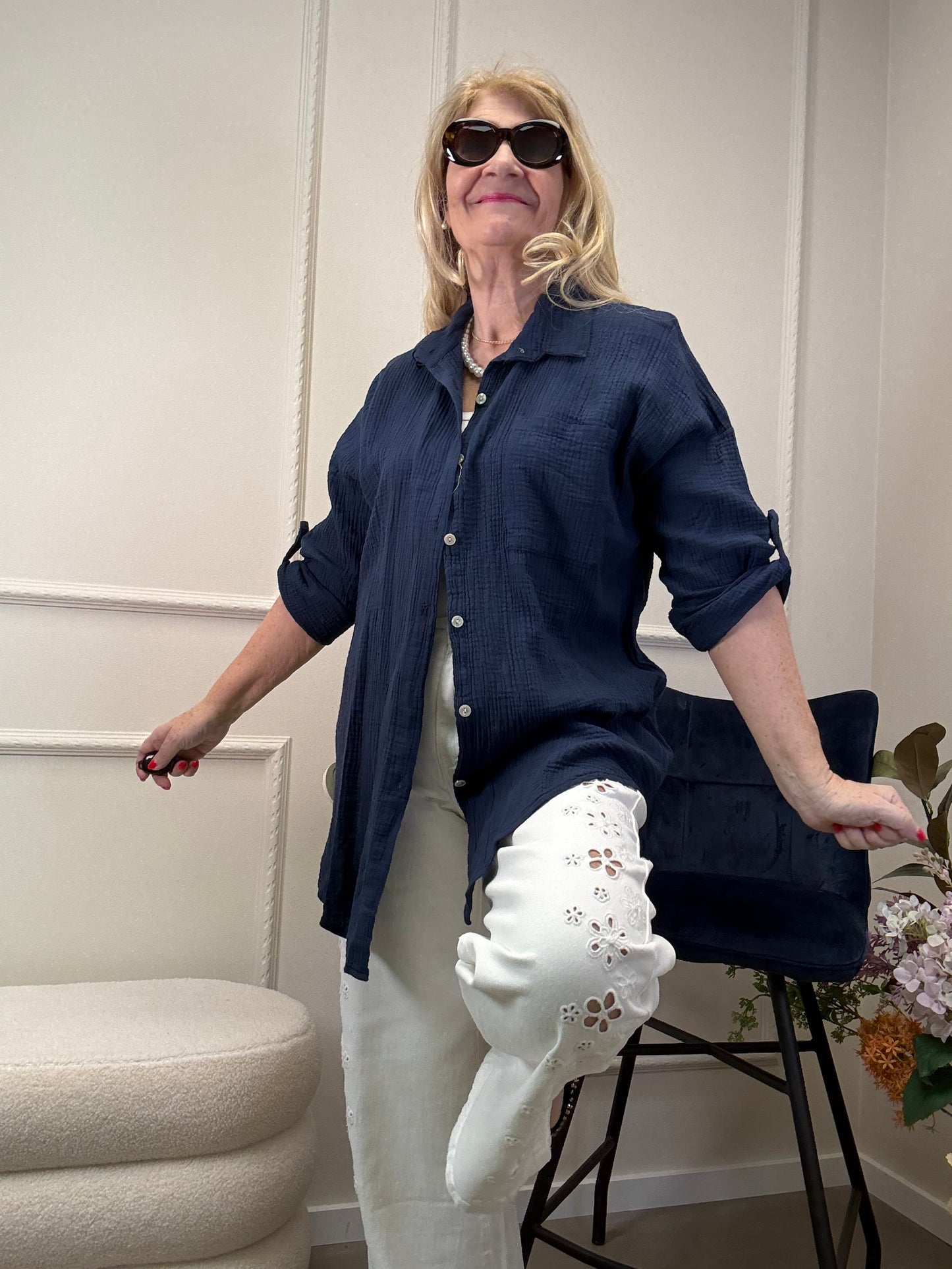 MUSSELIN BLUSE OVERSIZE MARINE