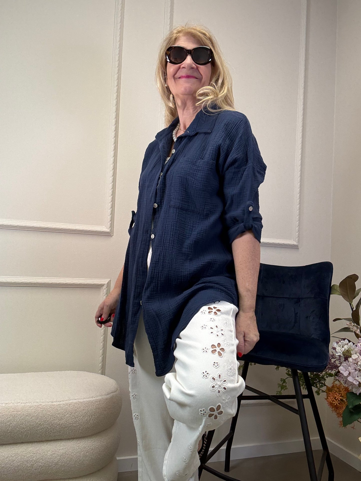 MUSSELIN BLUSE OVERSIZE MARINE