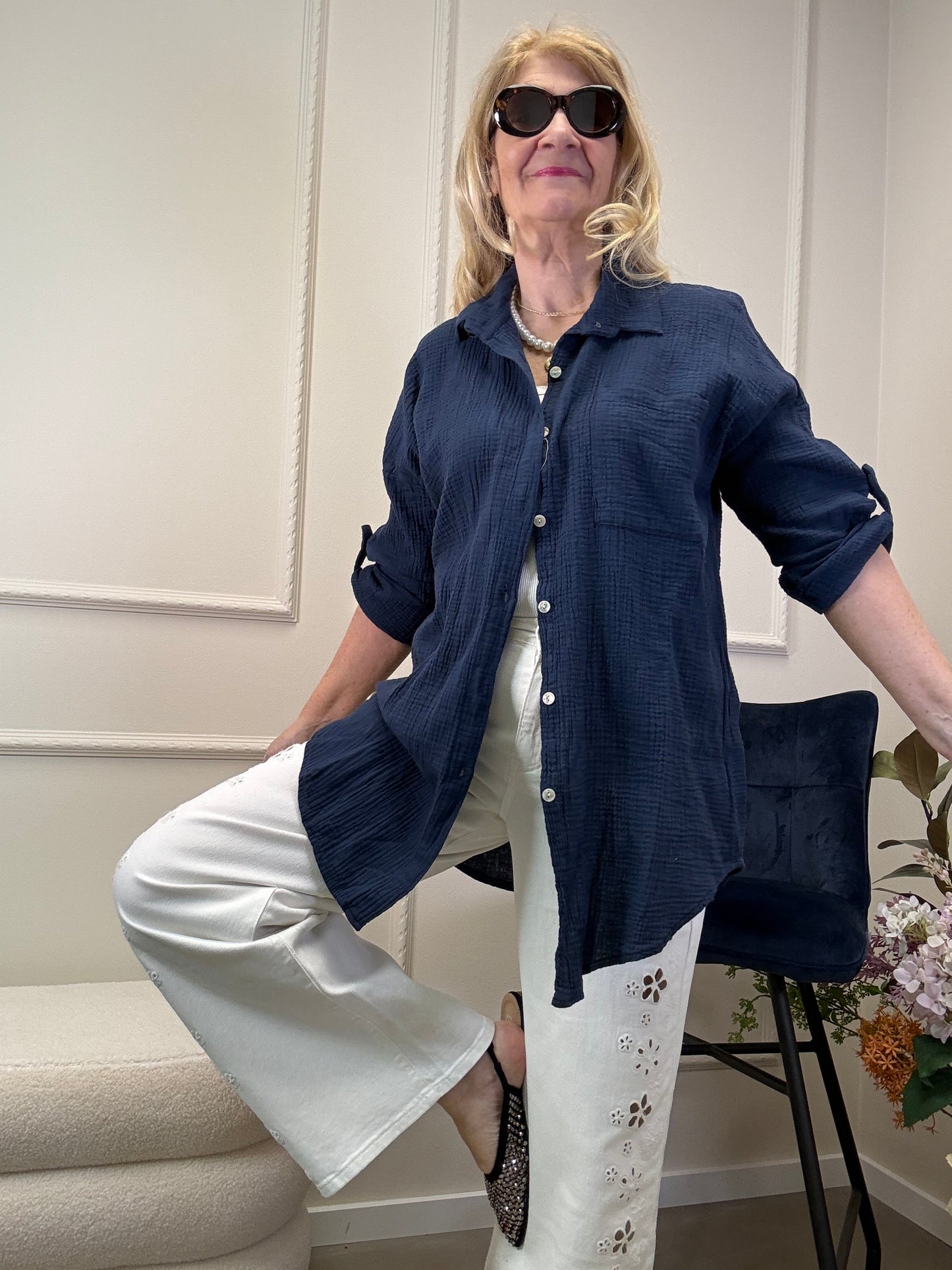 MUSSELIN BLUSE OVERSIZE MARINE