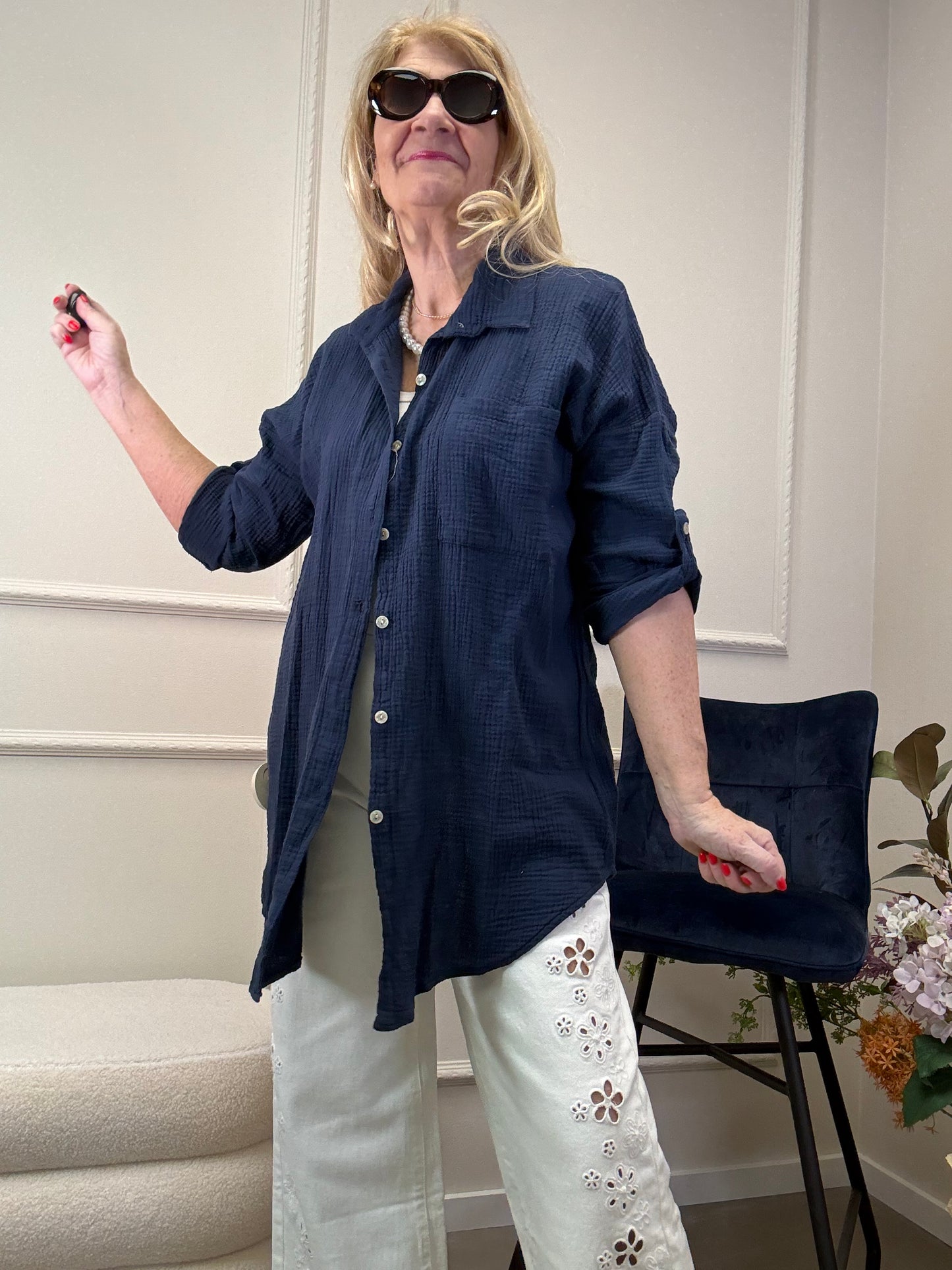 MUSSELIN BLUSE OVERSIZE MARINE