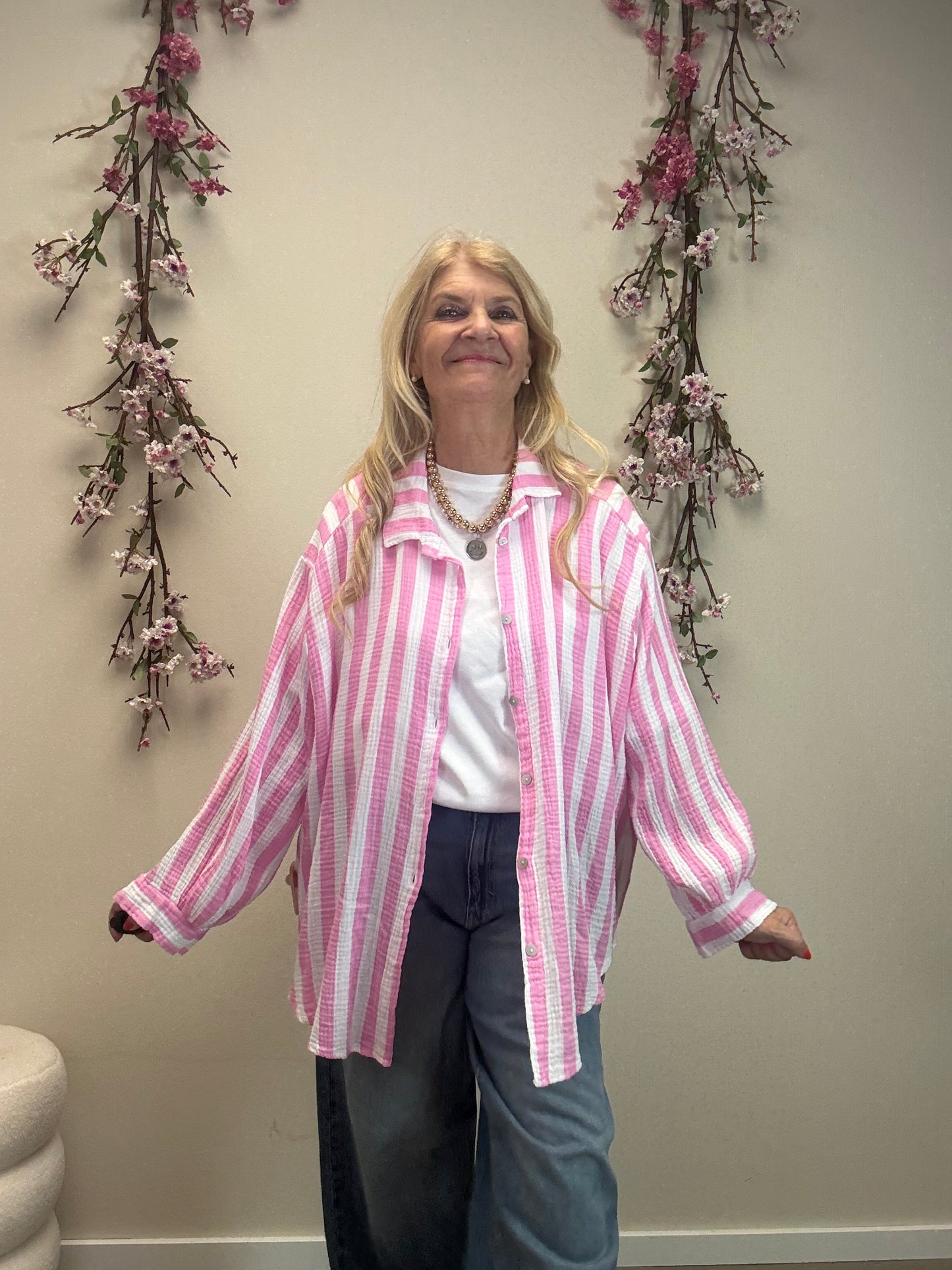 MUSSELIN BLUSE BREITER STREIFEN ROSA/WEISS