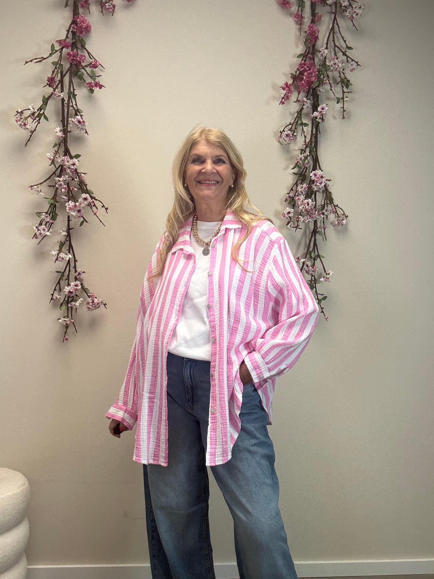 MUSSELIN BLUSE BREITER STREIFEN ROSA/WEISS