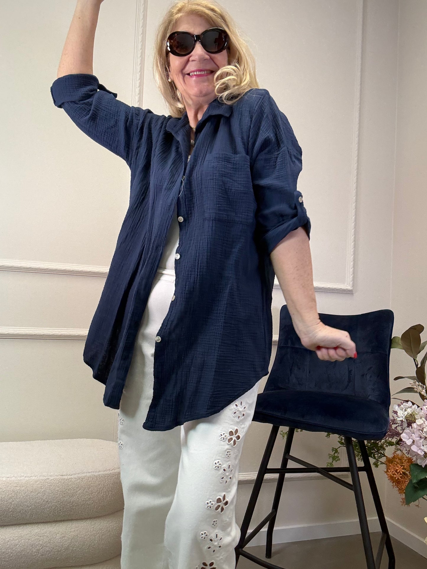 MUSSELIN BLUSE OVERSIZE MARINE