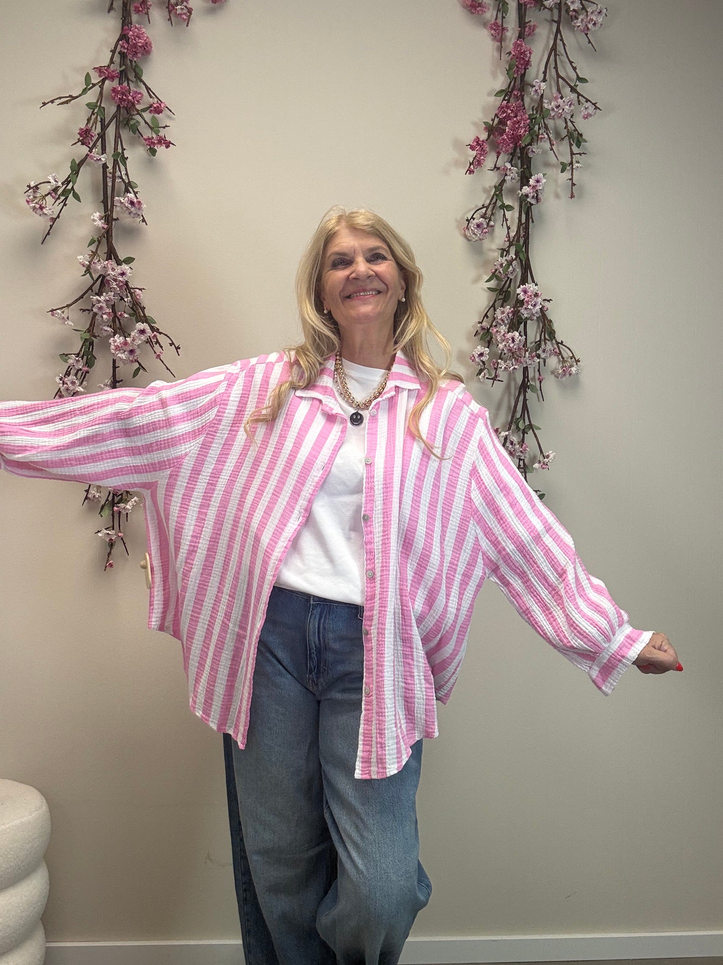 MUSSELIN BLUSE BREITER STREIFEN ROSA/WEISS