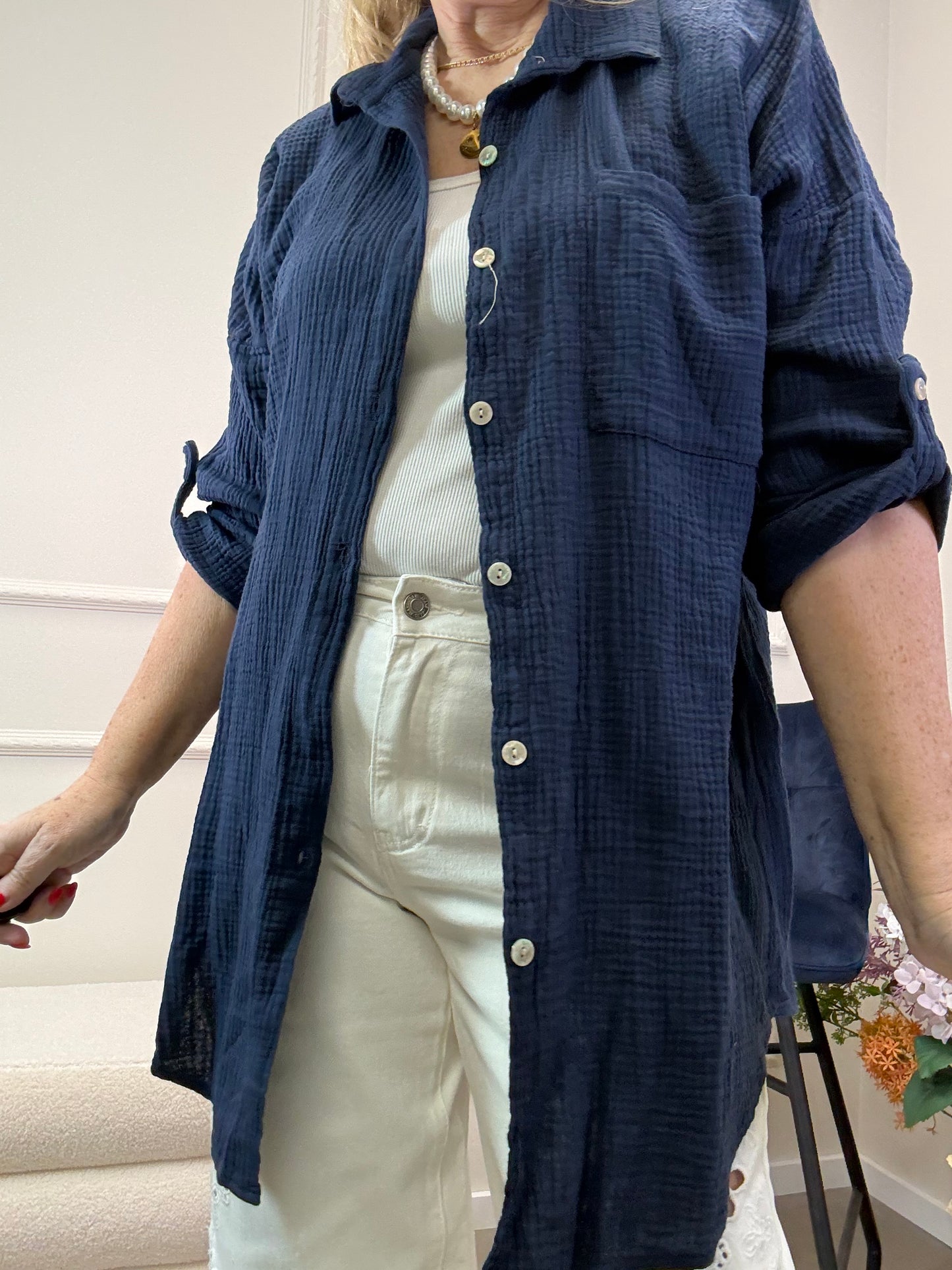 MUSSELIN BLUSE OVERSIZE MARINE