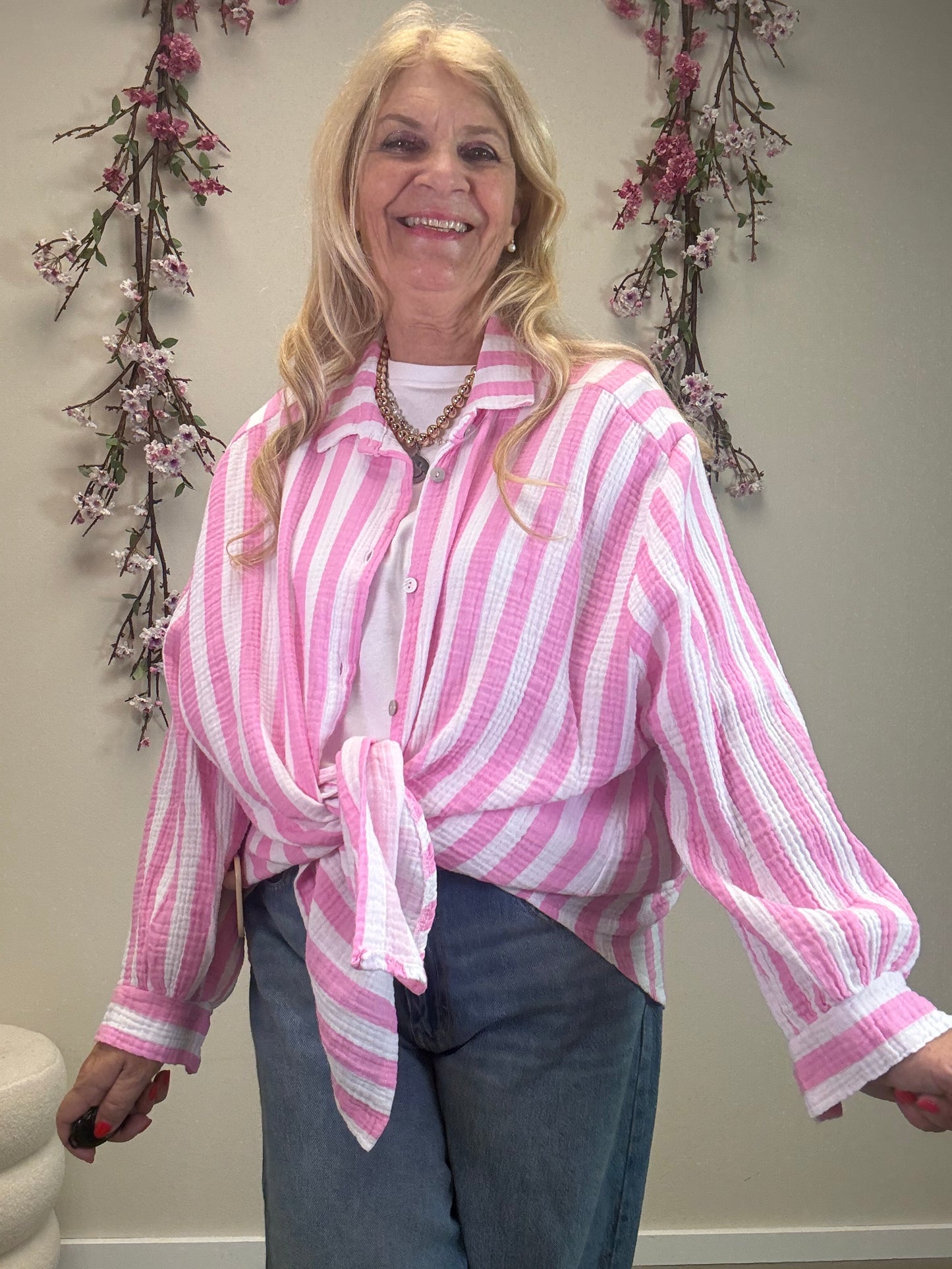 MUSSELIN BLUSE BREITER STREIFEN ROSA/WEISS