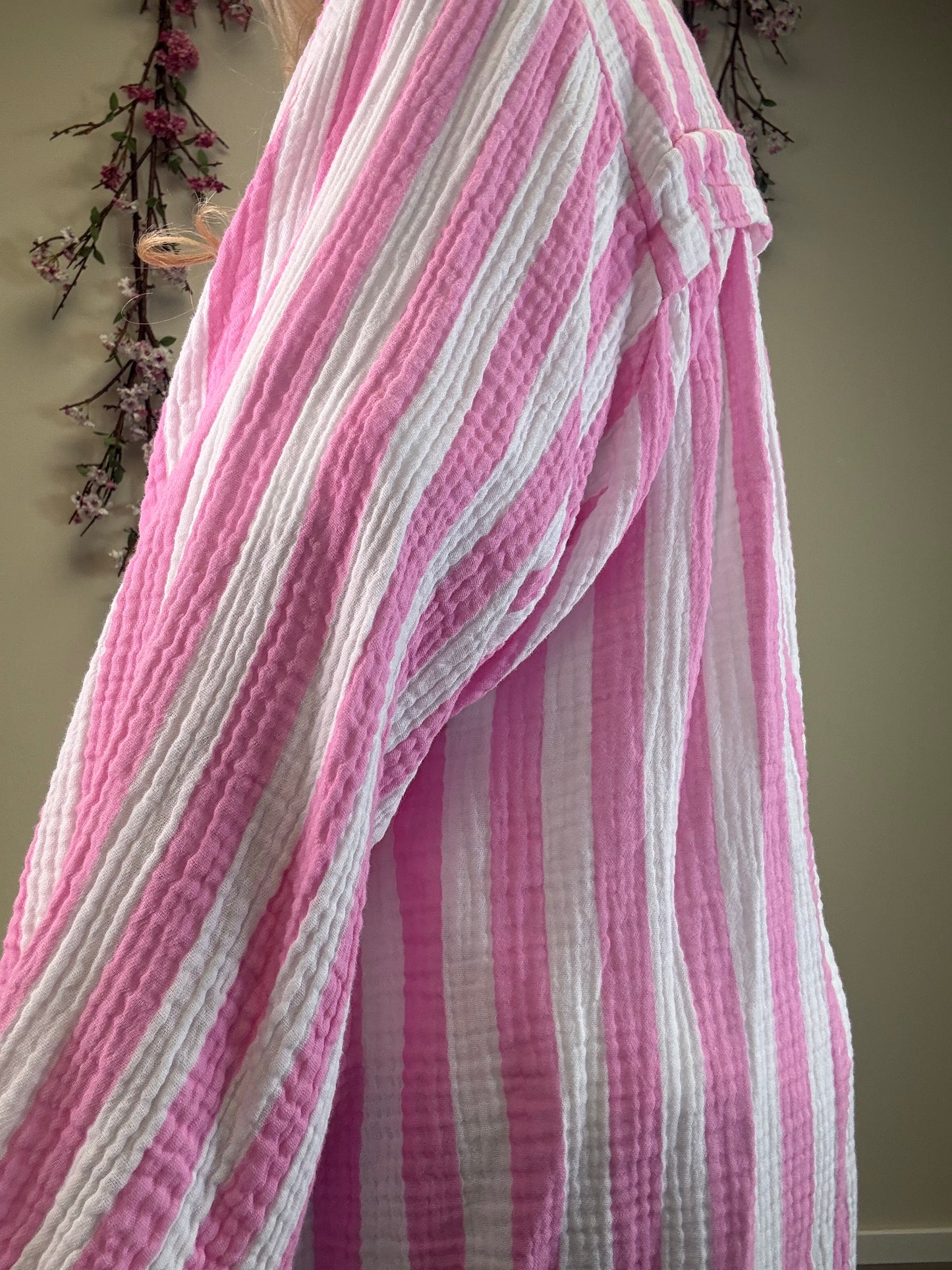 MUSSELIN BLUSE BREITER STREIFEN ROSA/WEISS