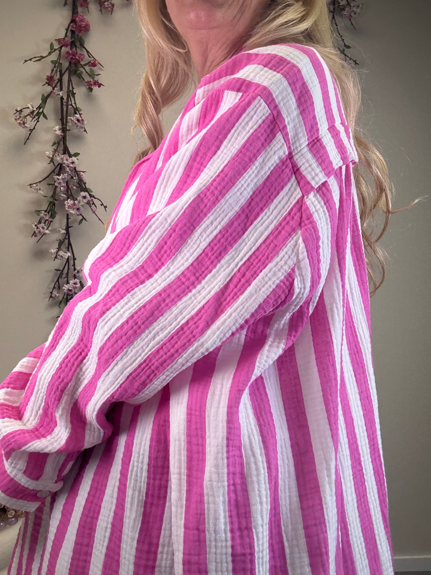 MUSSELIN BLUSE BREITER STREIFEN PINK/WEISS