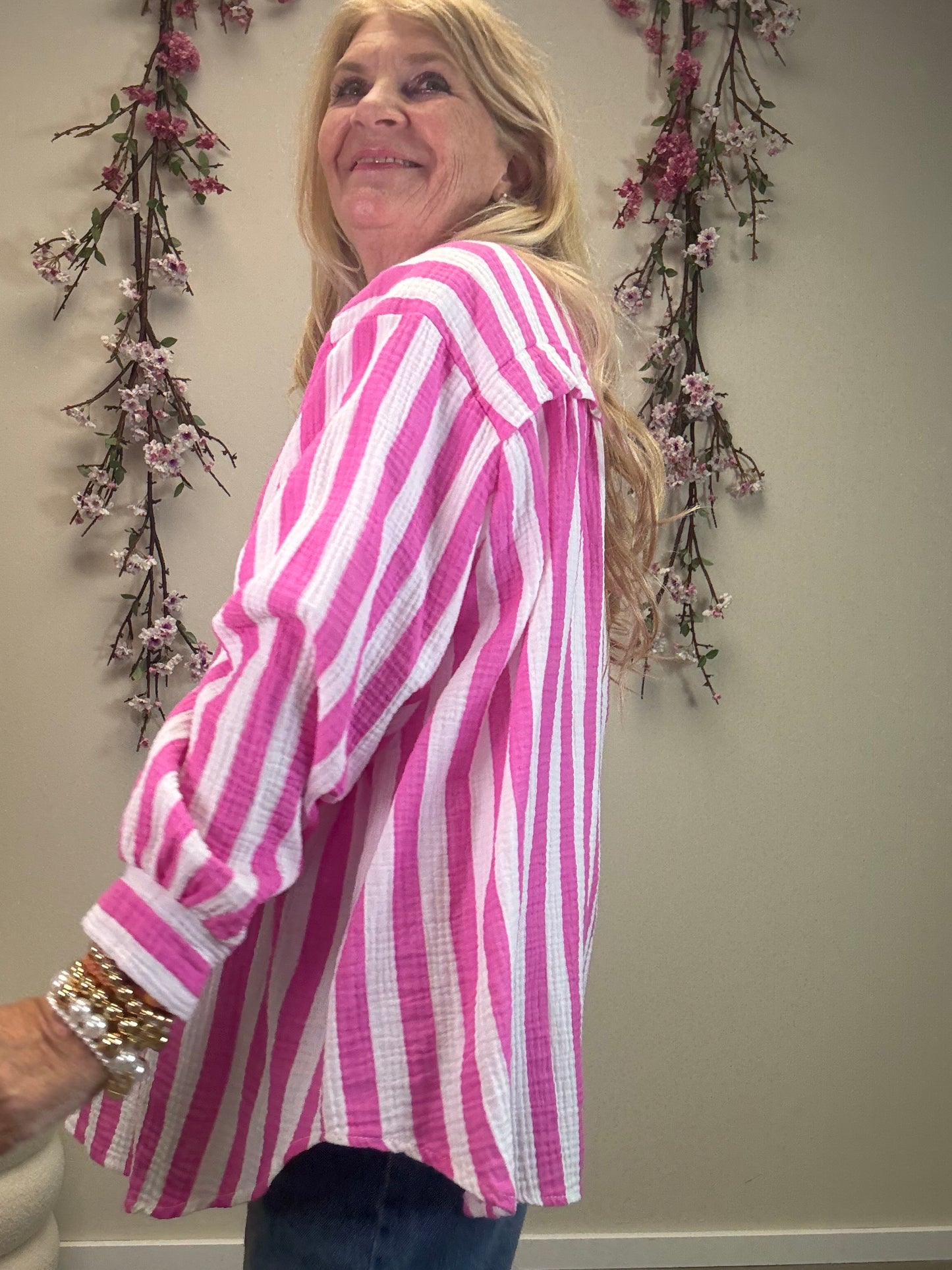 MUSSELIN BLUSE BREITER STREIFEN PINK/WEISS