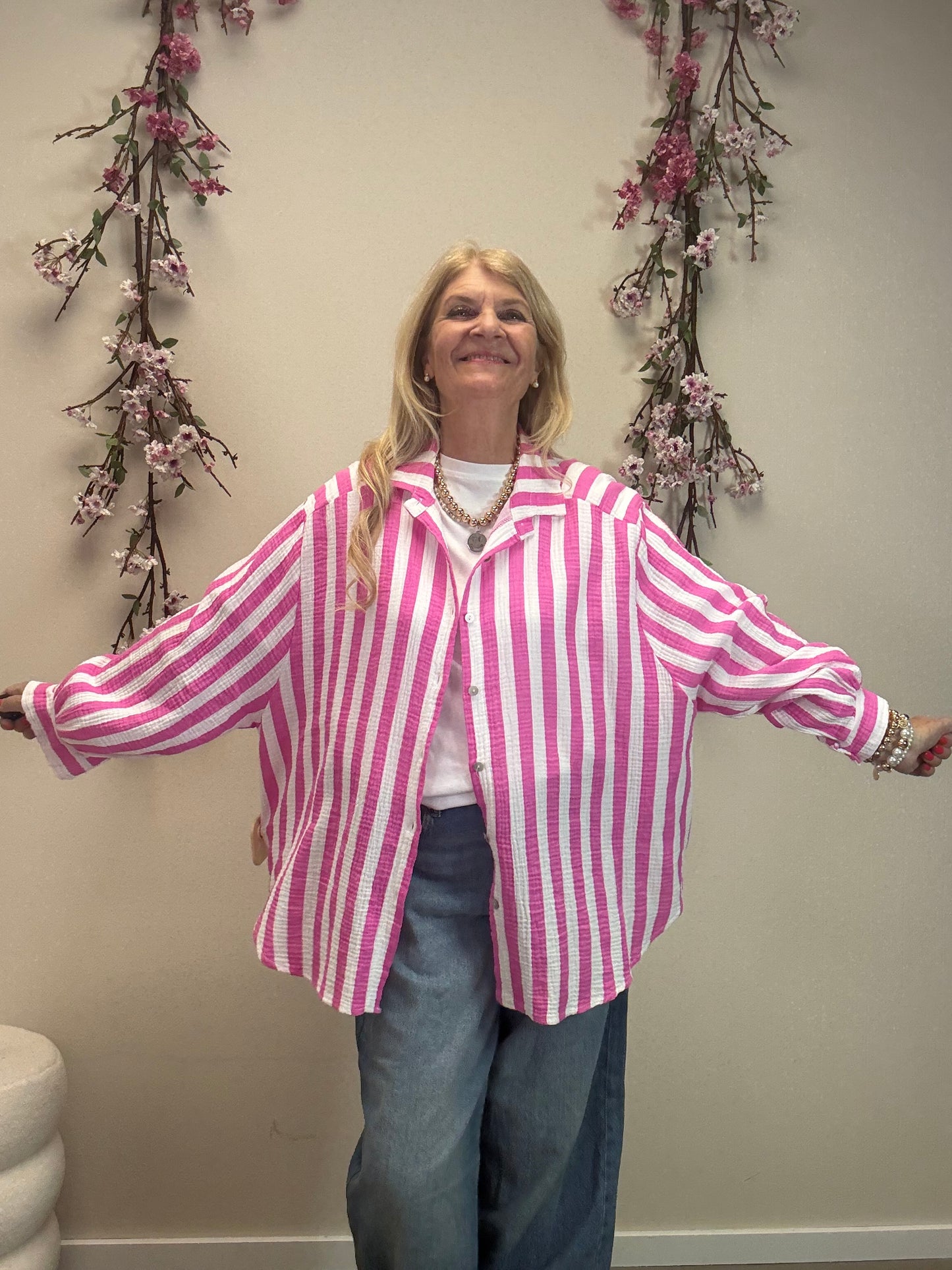 MUSSELIN BLUSE BREITER STREIFEN PINK/WEISS