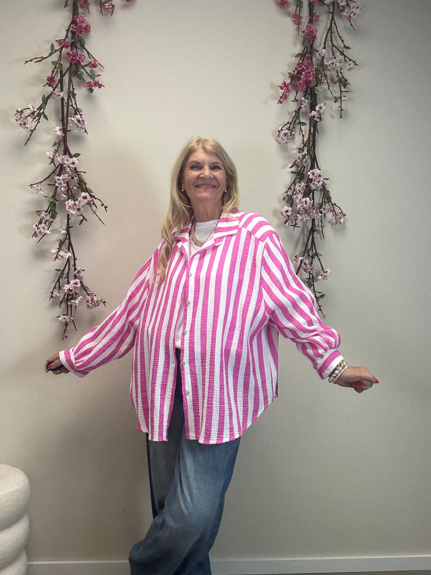 MUSSELIN BLUSE BREITER STREIFEN PINK/WEISS