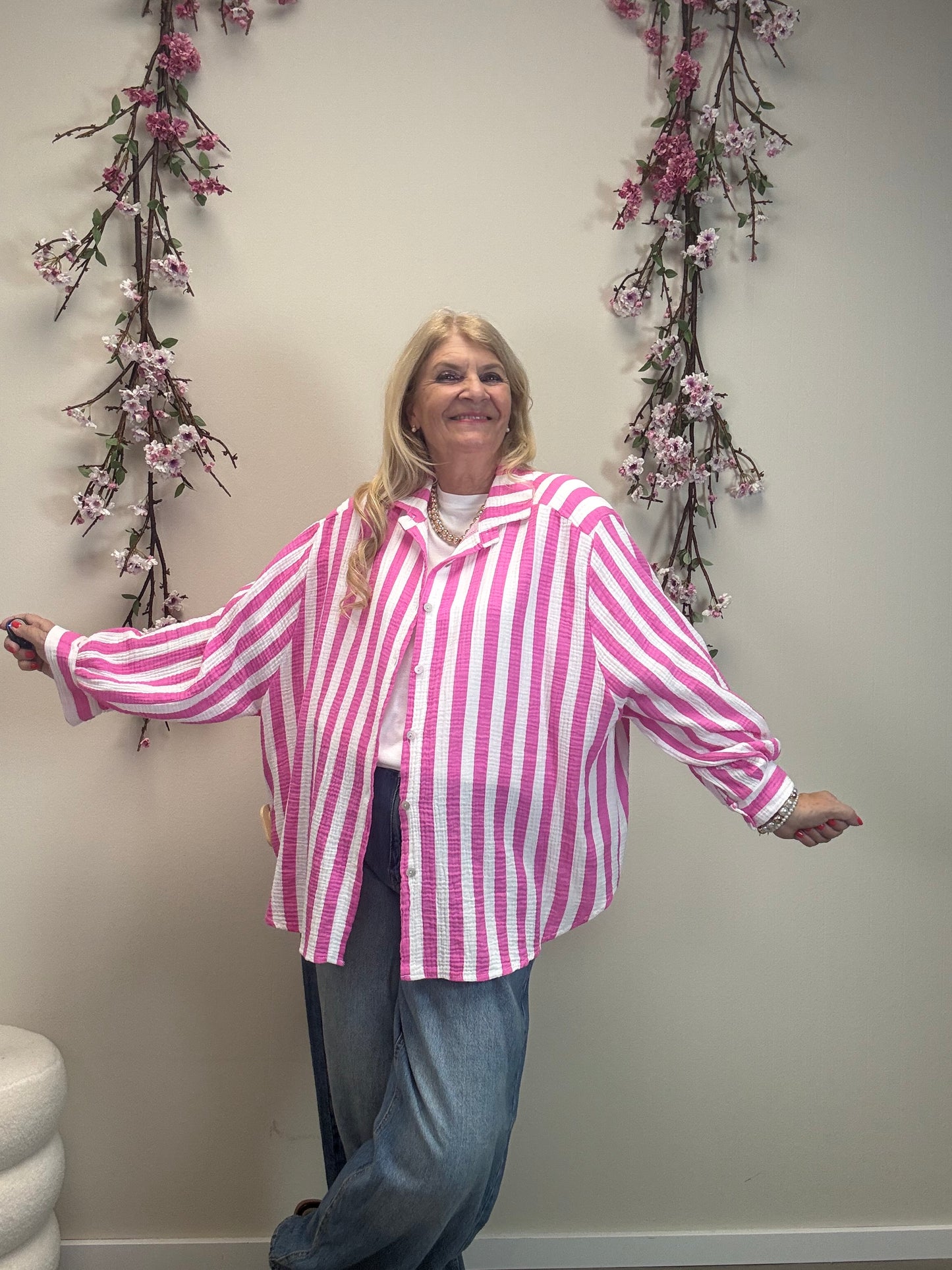 MUSSELIN BLUSE BREITER STREIFEN PINK/WEISS