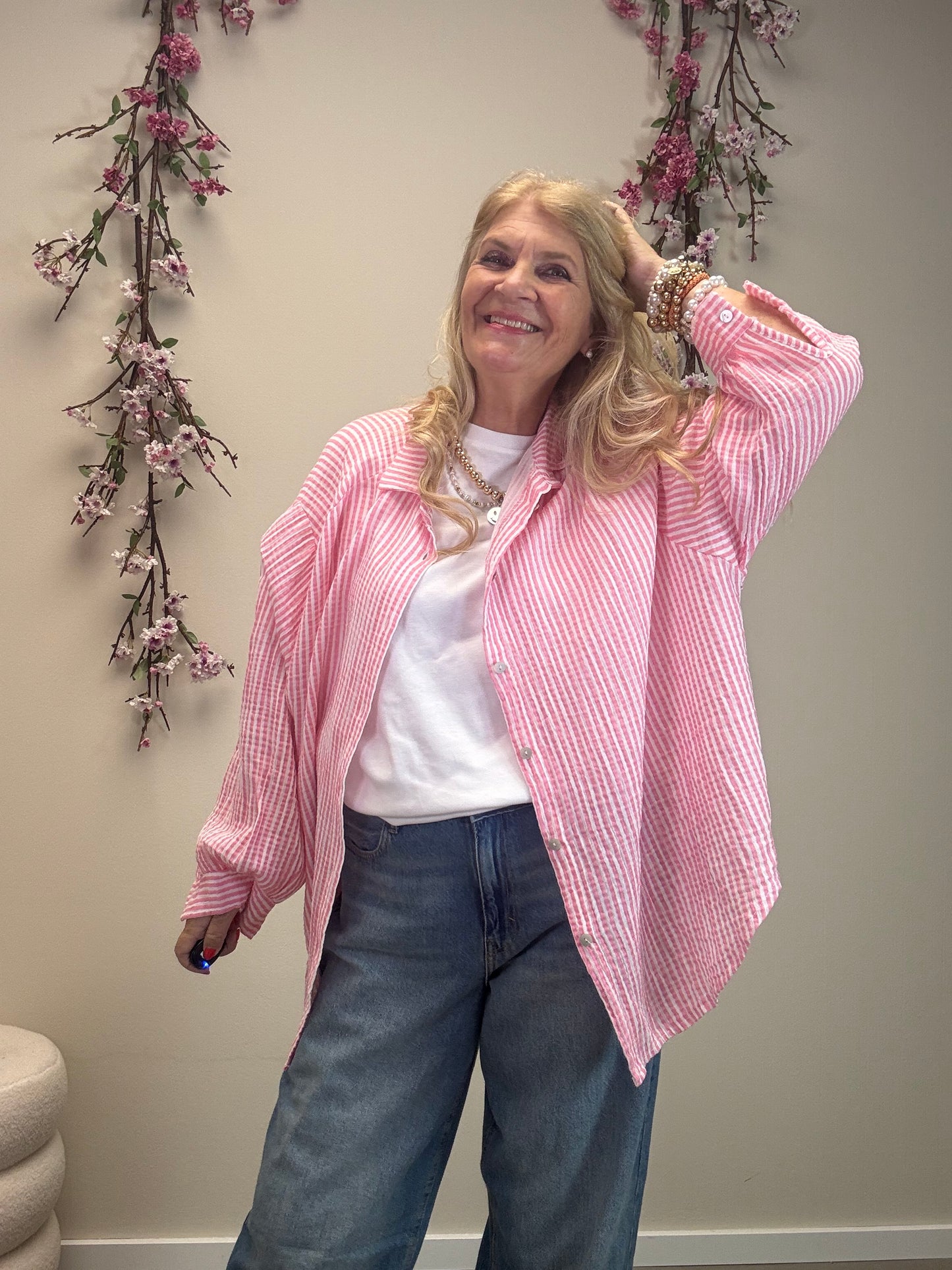 MUSSELIN BLUSE SCHMALER STREIFEN ROSA/WEISS