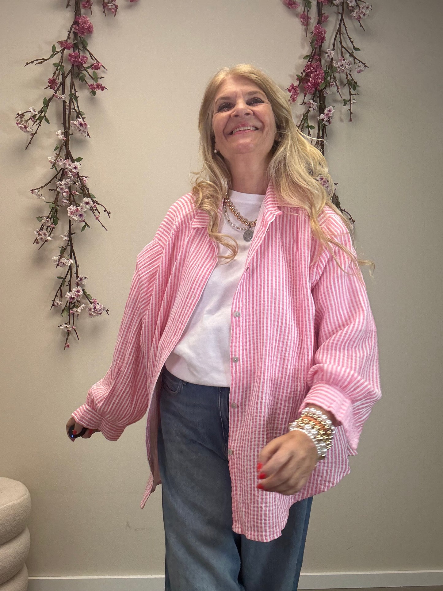 MUSSELIN BLUSE SCHMALER STREIFEN ROSA/WEISS