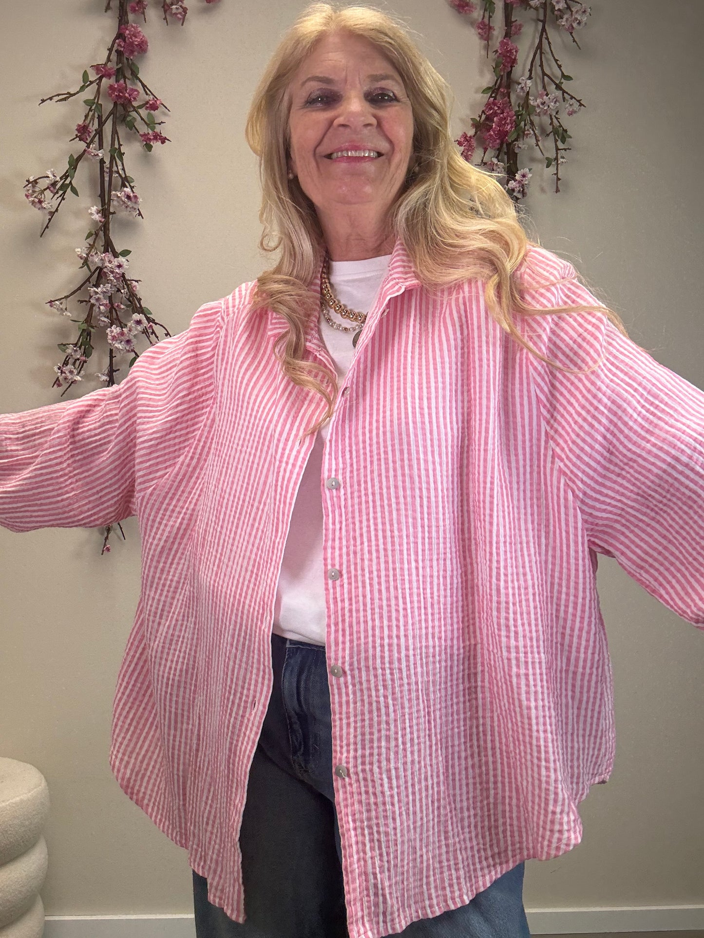 MUSSELIN BLUSE SCHMALER STREIFEN ROSA/WEISS