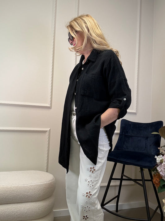 MUSSELIN BLUSE OVERSIZE SCHWARZ