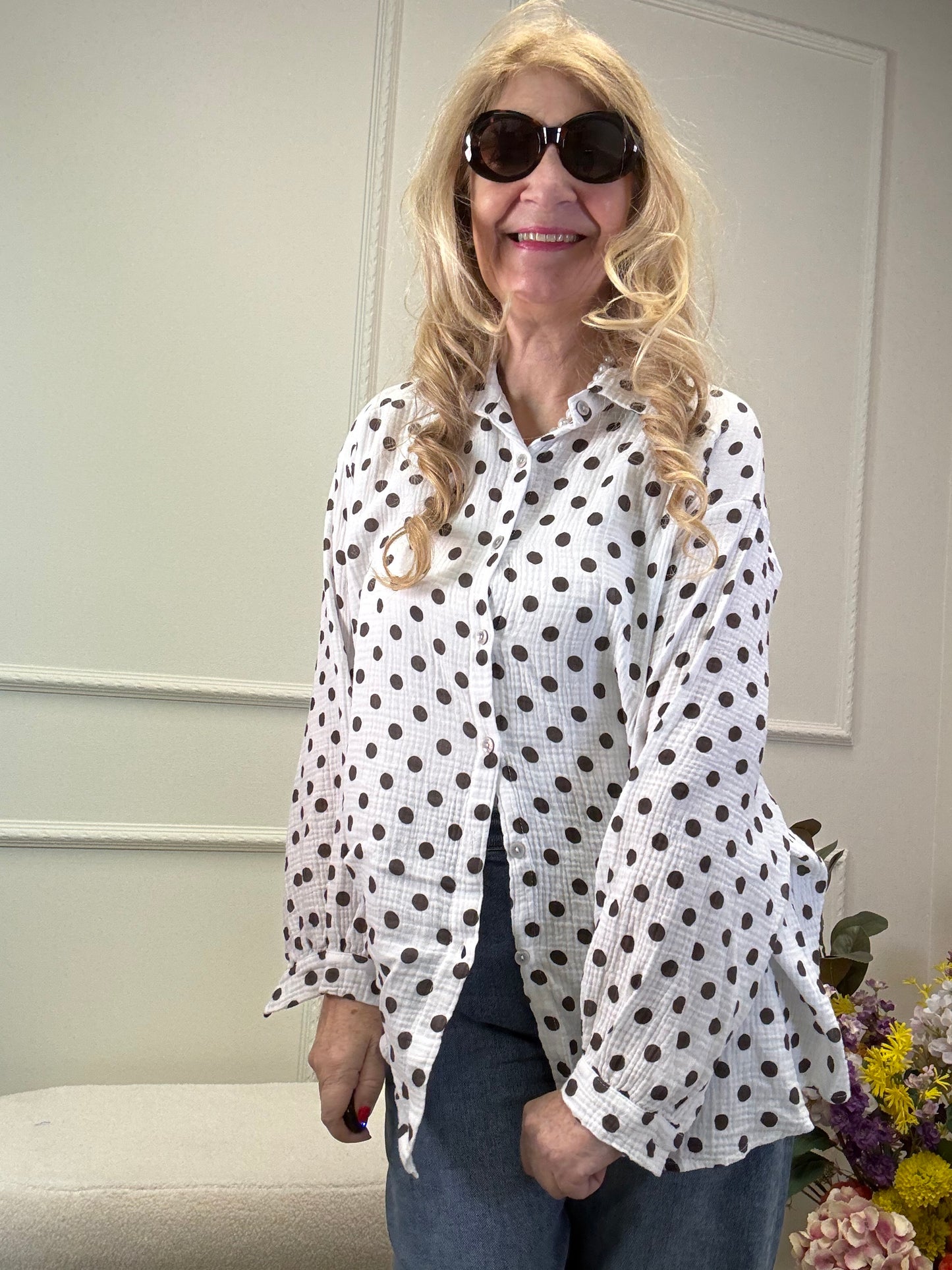 MUSSELIN BLUSE OVERSIZED TUPFEN SCHOKO