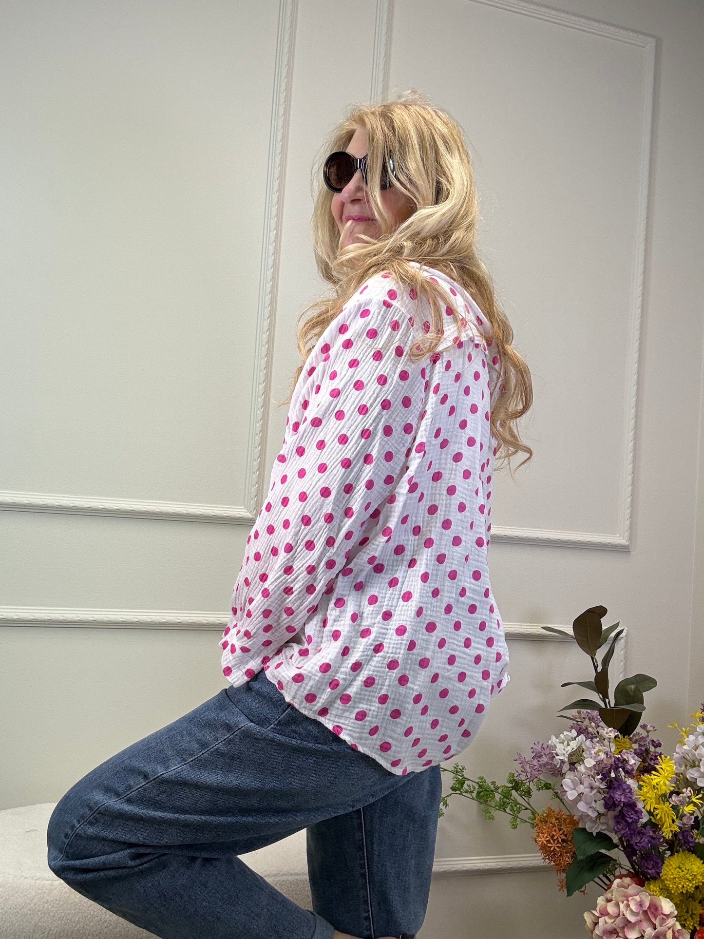 MUSSELIN BLUSE OVERSIZED TUPFEN PINK